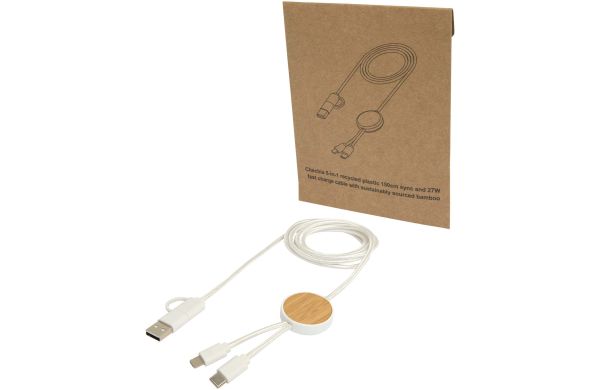 Chechia 150 cm 5-in-1 Kabel aus recyceltem Kunststoff für Datenübertragung und 27W Schnellladung mit Bambusdetails, weiss