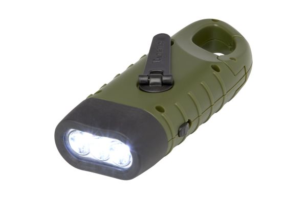 Helios Solar-Dynamo-Taschenlampe aus recyceltem Kunststoff mit Karabinerhaken, dunkelgrün