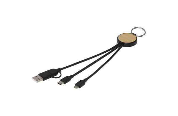 Tecta  6-in-1 Ladekabel mit Schlüsselring aus recyceltem Kunststoff und Bambus - schwarz 