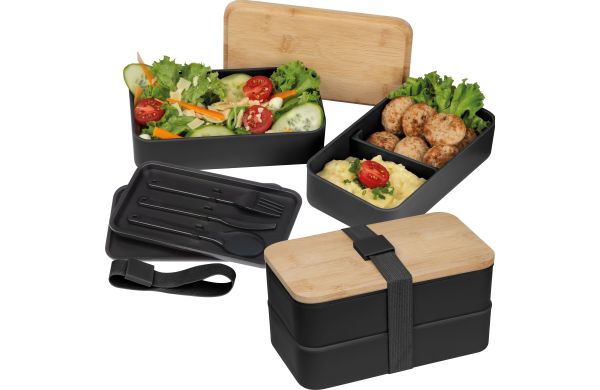 2 stöckige Lunchbox aus Kunststoff und Bambus - schwarz