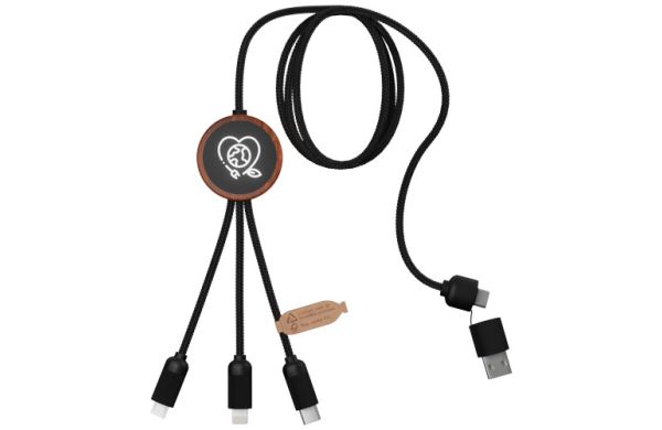 SCX.design C37 5-in-1 rPET Ladekabel in rundem Bambusgehäuse mit Leuchtlogo - holz 