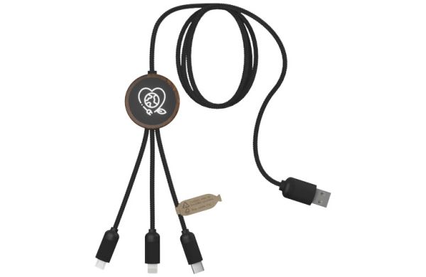 SCX.design C36 3-in-1 rPET erweitertes Ladekabel mit Leuchtlogo in rundem Bambusgehäuse - holz 