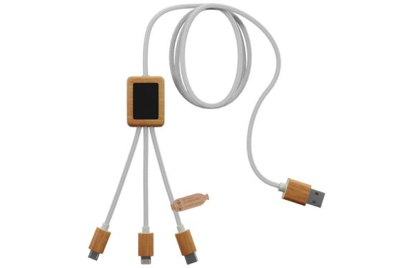 SCX.design C39 3-in-1-Ladekabel aus rPET mit Leuchtlogo und Bambusgehäuse - weiss 
