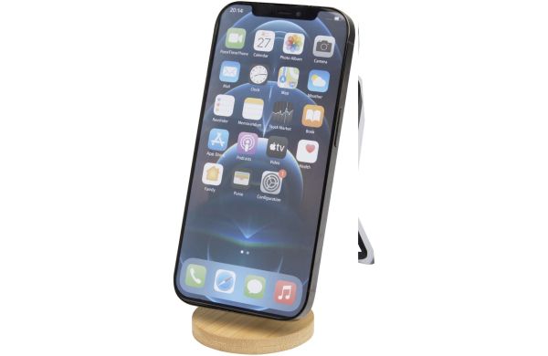 Alcor Klappbare magnetische Smartphonehalterung aus recyceltem Kunststoff mit Bambusdetails, weiss