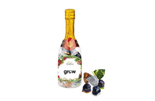 Champagnerflasche mit Schokoladen Pralinen, transparent