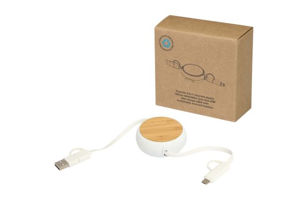 Chechia 100cm 5-in-1 Kabel aus recyceltem Kunststoff, einziehbar, für Datenübertragung und 45W Schnellladung mit Bambusdetails, weiss