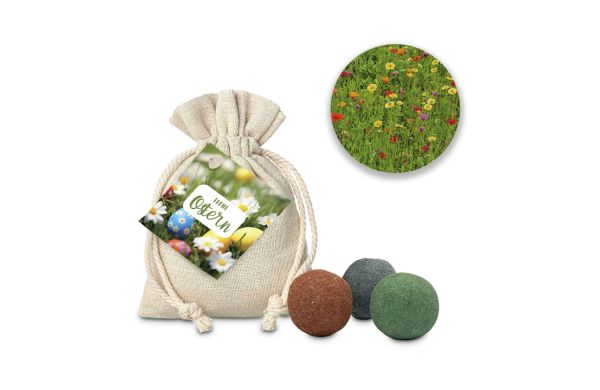 Geschenkartikel / Präsentartikel: Oster-Blumenwiese, 3 Saatkugeln im Säckchen