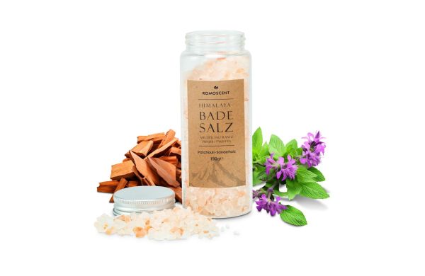 Himalaya-Badesalz 190 g, Patchouli-Sandelholz - auch mit individuellem Etikett