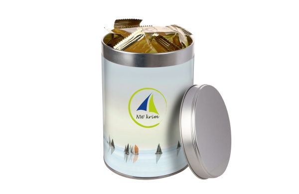 Hohe runde Dose gefüllt mit Keksen, silber