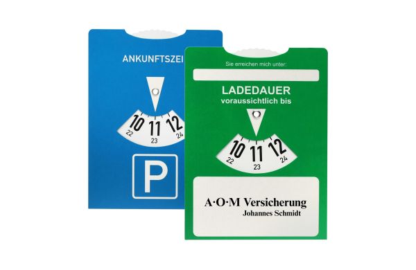 Kartonparkscheibe mit Ladedaueranzeige für Elektroautos_ grün_ blau