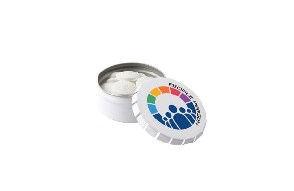 Mini Klick-Klack Dose mit Pfefferminzform, Weiß, Compli'mints