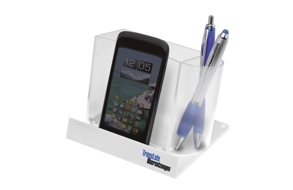 Smartphone-/Tabletständer mit Zettelbox und Köcher, gefrostet glasklar / weiß