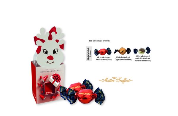 Weihnachtspralines in Motivkartonage Rentier_ Pralinen mit Haselnusscremefüllung_ ca_ 75 g