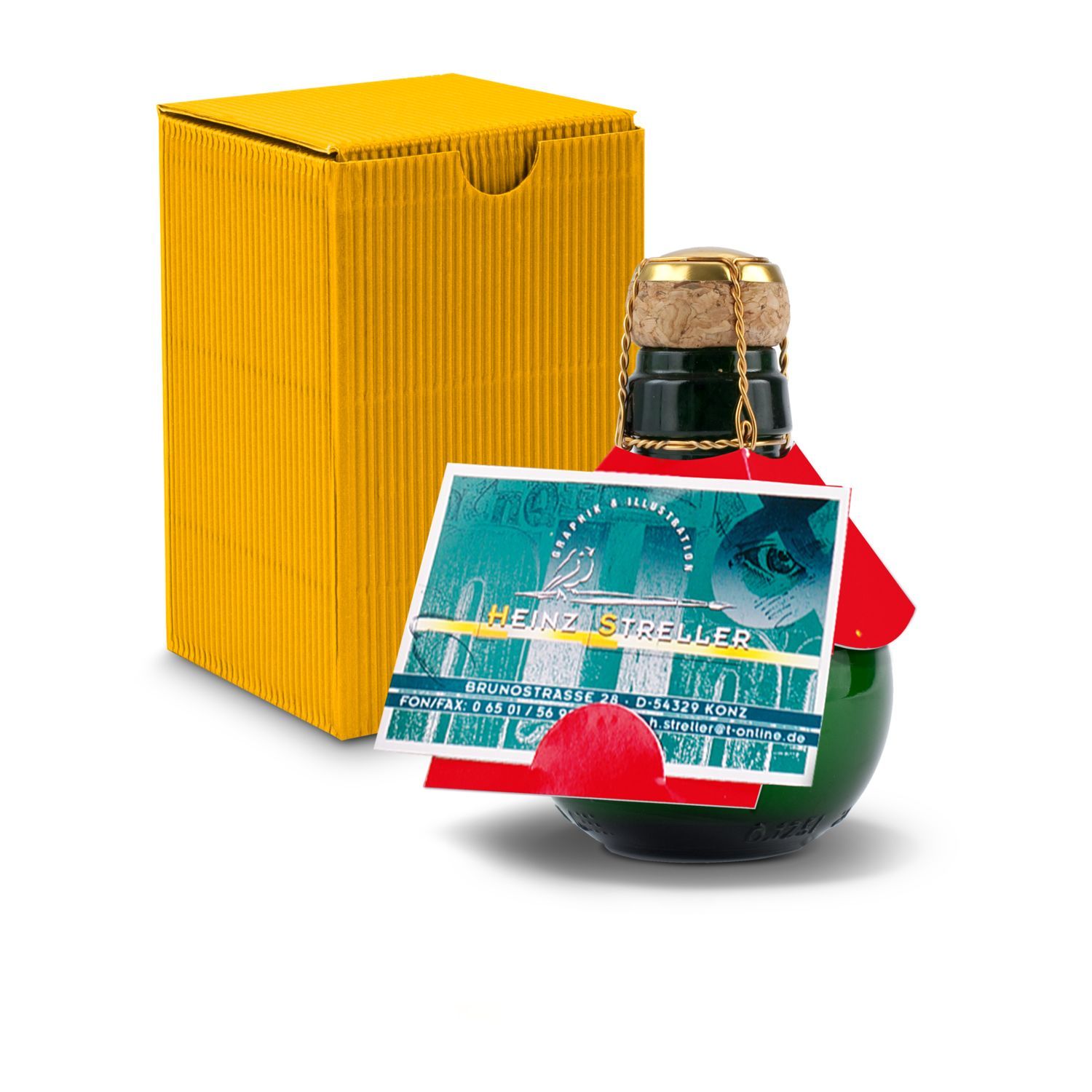 Werbeanbringung an der Flasche (Manschette: ca. 15 x 15 cm, Anhänger 5 x 5 cm)