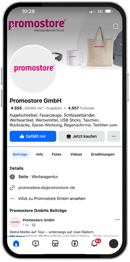 Aktionen, News und Einblicke – folgen Sie Promostore auf Facebook Facebook-Seite von Promostore mit Produktideen und Unternehmensupdates