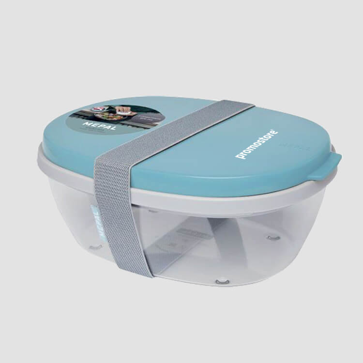 Brotdose von Mepal mit Logo bedrucken Durchsichtige Brotdose mit blauem Deckel von Mepal