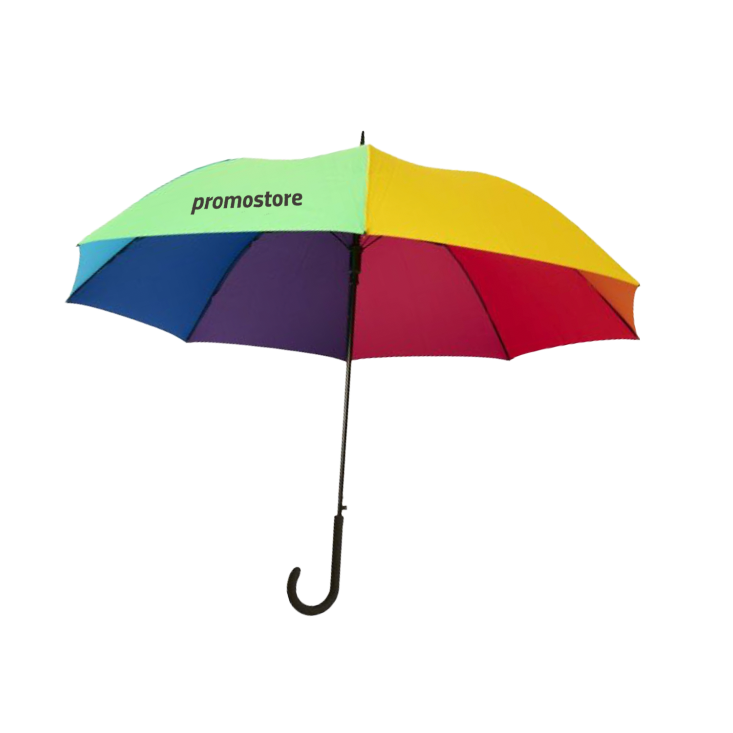 Farbenfroher Regenbogen-Regenschirm mit Promostore-Branding Regenbogen-Regenschirm mit Promostore-Logo