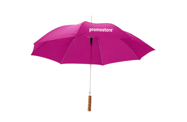 Auffälliger pinker Regenschirm mit Promostore-Branding Pinker Regenschirm mit Promostore-Logo