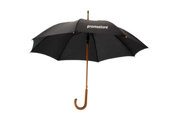 Hochwertiger schwarzer Regenschirm mit Holzgriff und Promostore-Branding Schwarzer Regenschirm mit Holzgriff und Promostore-Logo