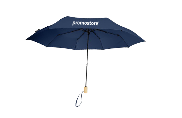 Zeitloser dunkelblauer Regenschirm mit Promostore-Branding Dunkelblauer Regenschirm mit Promostore-Logo