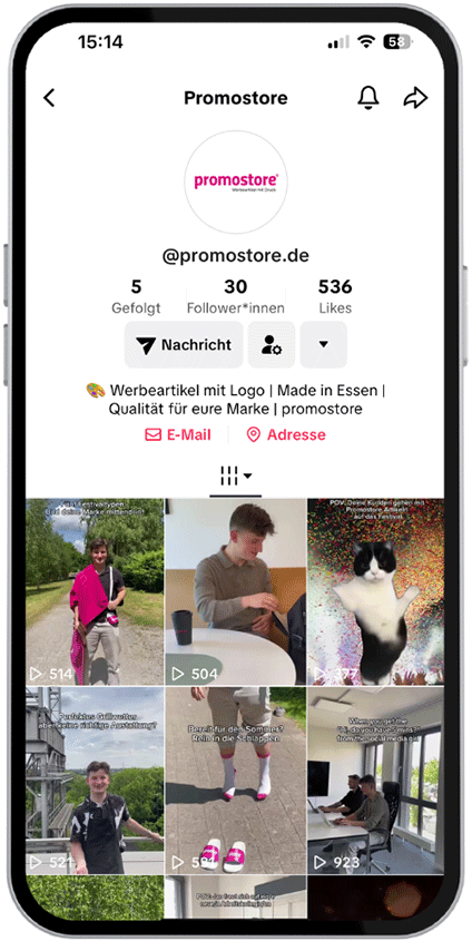 TikTok-Profil von Promostore mit unterhaltsamen Werbeartikel-Videos