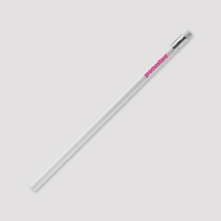 Klassischer Bleistift in Weiß mit Radiergummi und Promostore-Branding Weißer Bleistift mit pinkem Promostore-Logo und Radiergummi
